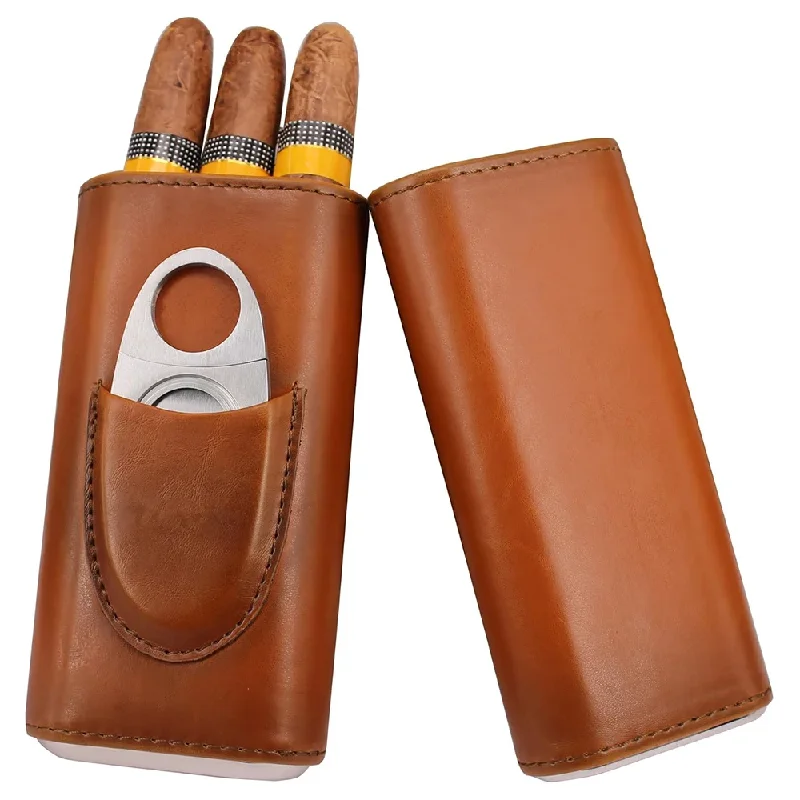 Premium Cigar Case - 3-Finger Leather Case with Cigar Cutter,