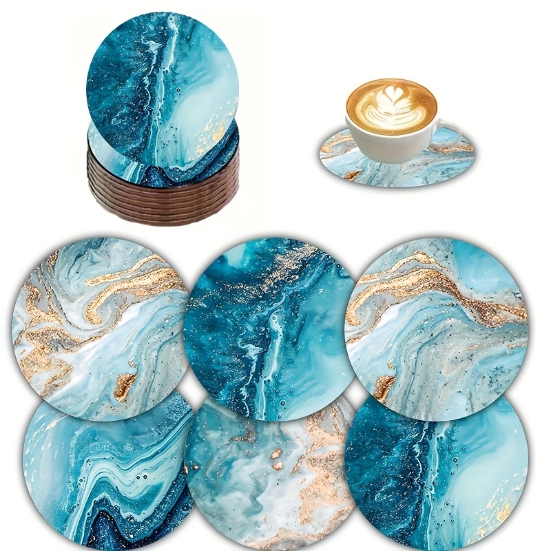 2D Flat 6pcs Blue Ocean Round  - Marble Coaster Set ulasan dan harga